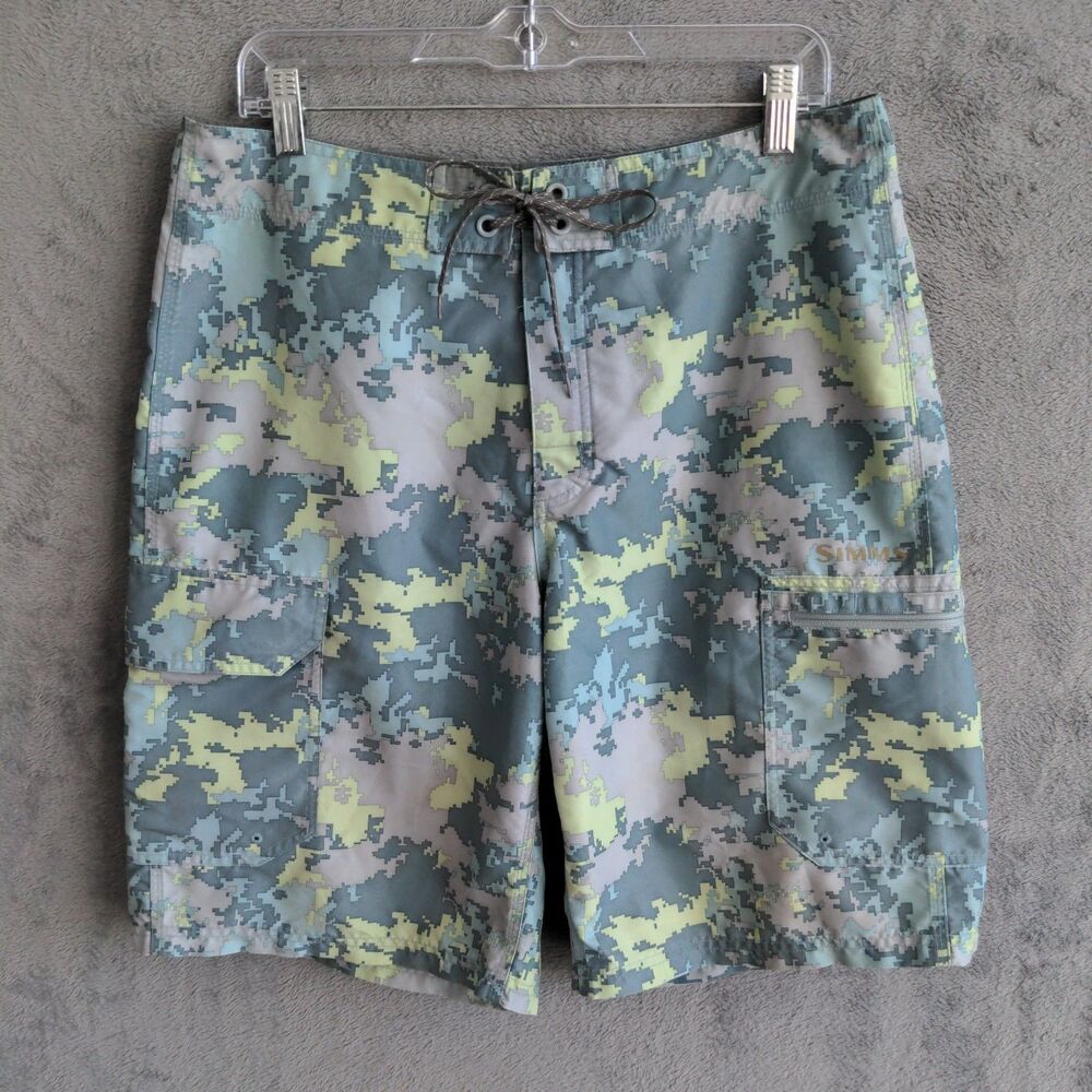 Simms Board Shorts Mens Med Digital Camo Laceup Fishing Cargo Pockets 11" Ins